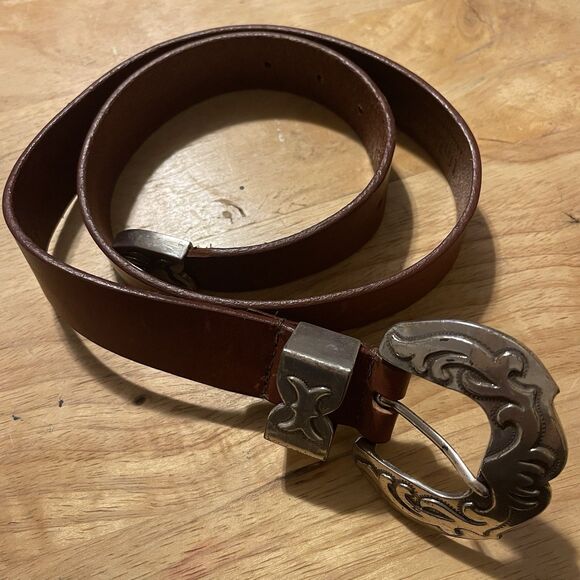 UNLISTED Belt Medium Brown Leather Western Cowgirl Rodeo Boho Patina Med Buckle - Picture 8 of 13